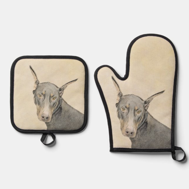 Doberman Pinscher Painting Dobie Cropped Dog Art Oven Mitt & Pot Holder Set (Front)