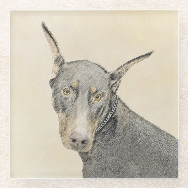 Doberman Pinscher Painting - Original Dog Art Glass Coaster (Front)