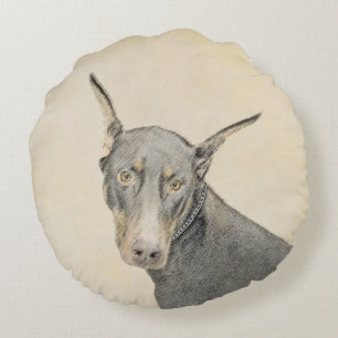 Doberman Pinscher Painting - Original Dog Art Round Cushion