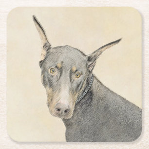 Doberman Pinscher Painting - Original Dog Art Square Paper Coaster