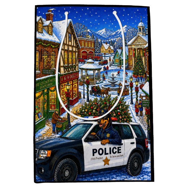 Doberman Pinscher Police Holiday Medium Gift Bag (Front)