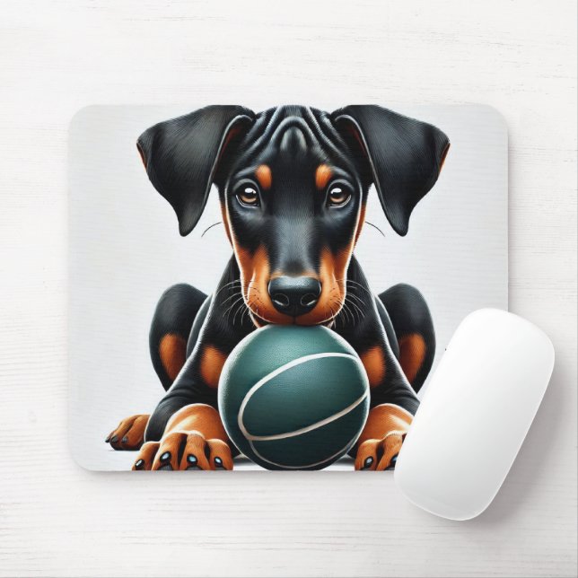 Doberman Pinscher Puppy Holding a Ball Mouse Pad (With Mouse)