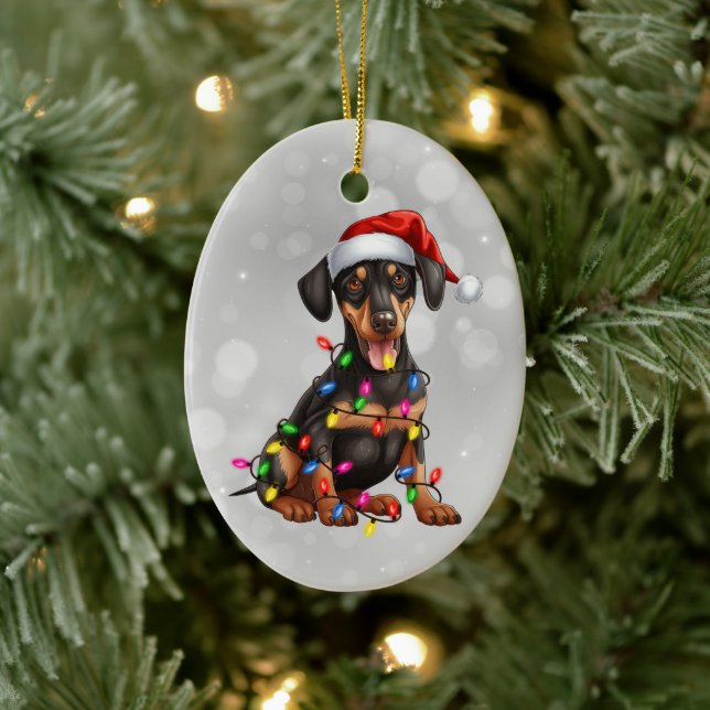 Doberman Pinscher Puppy in Christmas Lights Ceramic Ornament (Tree)