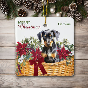 Doberman Pinscher Puppy Poinsettia Holiday Basket Ceramic Ornament