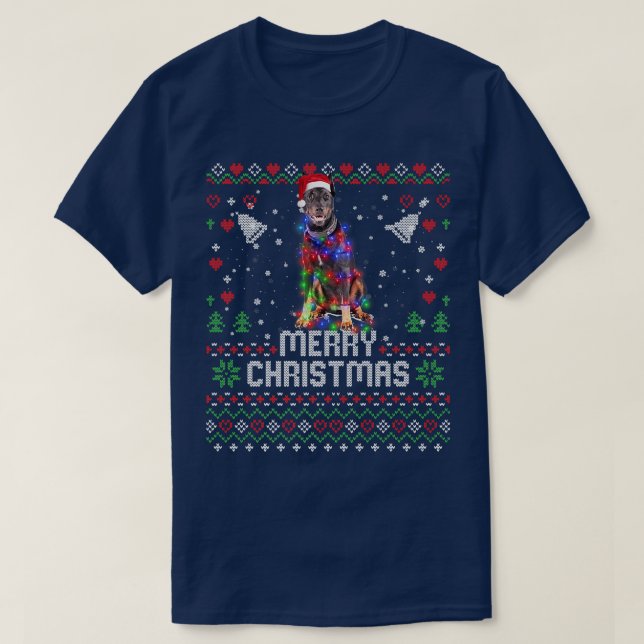 Doberman Pinscher Santa Hat Dog Christmas Tree Lig T-Shirt (Design Front)