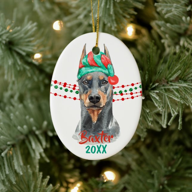 Doberman Pinscher Santa Hat Holiday String Beads Ceramic Ornament (Tree)