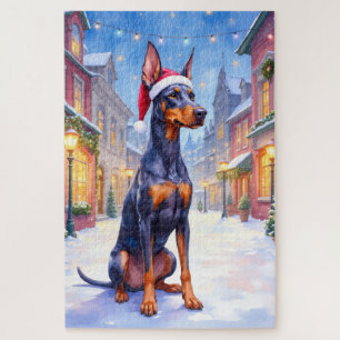 Doberman Pinscher Snowy Village Santa Hat Christma Jigsaw Puzzle