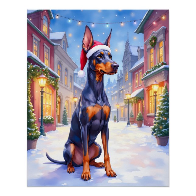 Doberman Pinscher Snowy Village Santa Hat Christma Poster (Front)
