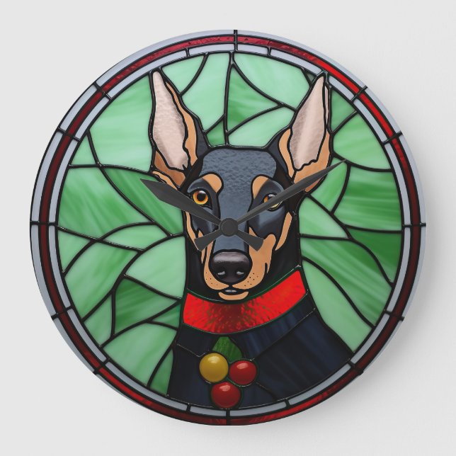 Doberman Pinscher Stained Glass Christmas  Large Clock (Front)