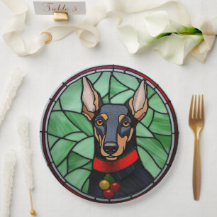 Doberman Pinscher Stained Glass Christmas  Paper Plate