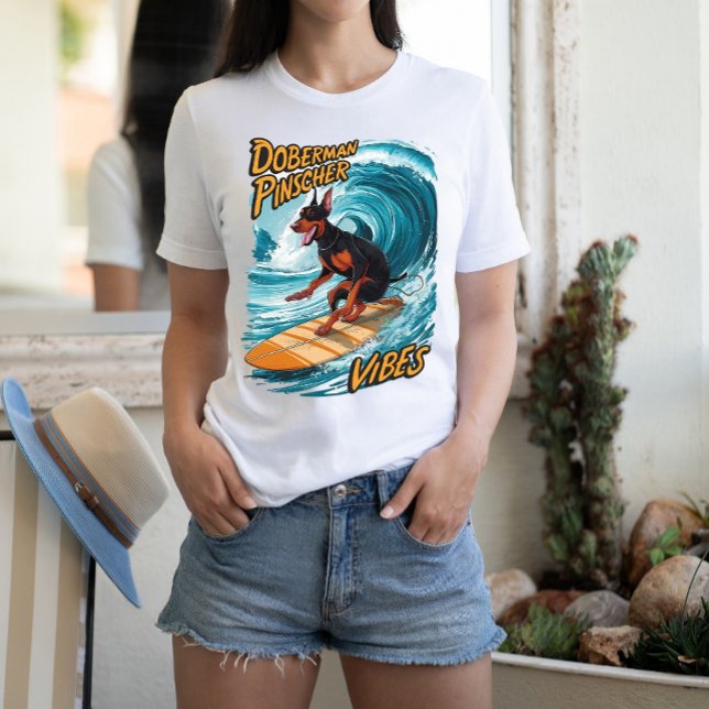 Doberman Pinscher Surfer Riding Tropical Wave T-Shirt (Creator Uploaded)