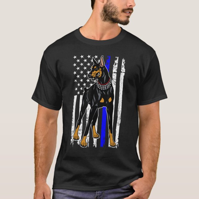 Doberman Pinscher Thin Blue Line America Flag T-Shirt (Front)