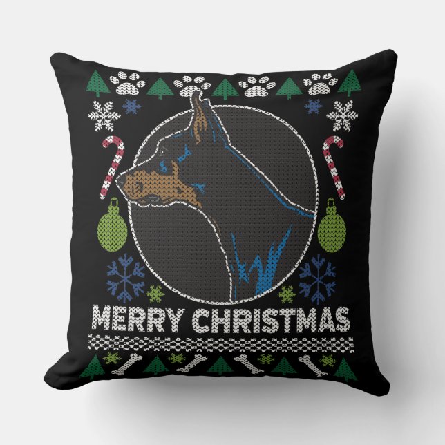 Doberman Pinscher Ugly Christmas Sweater Dog Cushion (Front)