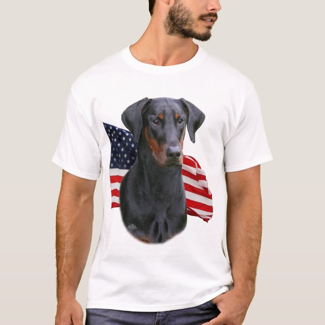 Doberman Pinscher- uncropped natural ear with flag T-Shirt (Front)