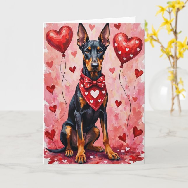 Doberman Pinscher Valentine’s Day Dog with Hearts  Card (Yellow Flower)