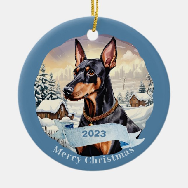Doberman Pinscher watercolor dog Christmas Ceramic Ornament (Front)