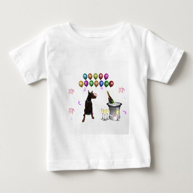 Doberman Pinscher wishing Happy New Year 2016 Baby T-Shirt (Front)