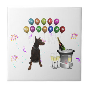 Doberman Pinscher wishing Happy New Year 2016 Ceramic Tile