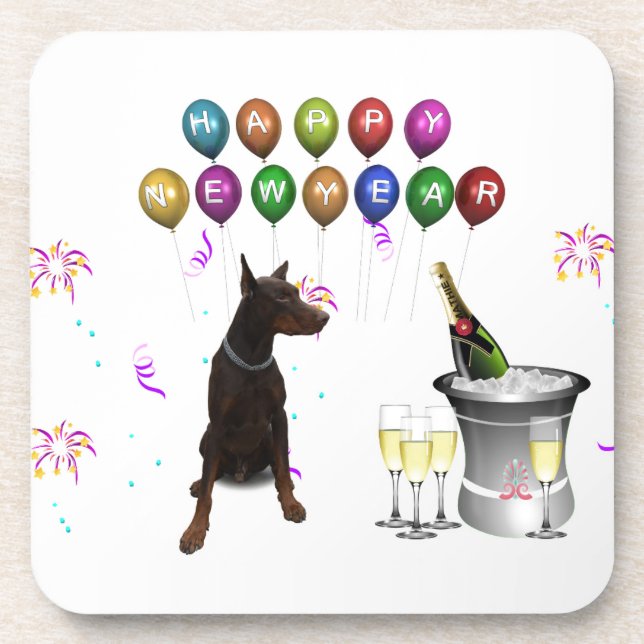 Doberman Pinscher wishing Happy New Year 2016 Coaster (Front)