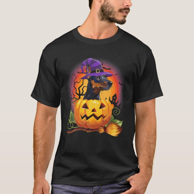 Doberman Pinscher Witch Pumpkin Halloween Dog T-Shirt (Front)