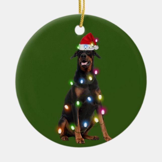 Doberman Pinscher With Christmas Scafts  Sant Ceramic Ornament (Front)
