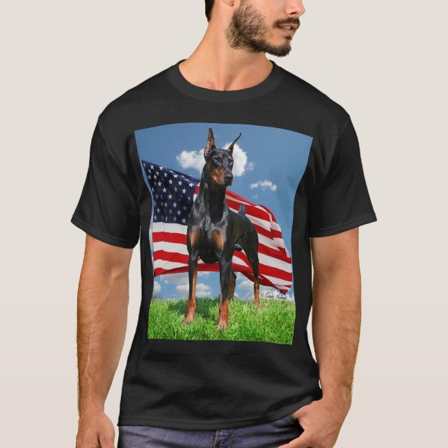 Doberman Pinscher with Flag t-shirt (Front)