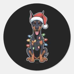Doberman Pinscher Wrapped In Christmas Lights Classic Round Sticker