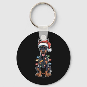 Doberman Pinscher Wrapped In Christmas Lights Key Ring