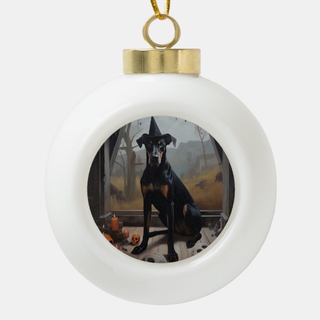 Doberman Pumpkins Halloween Scary Ceramic Ball Christmas Ornament (Front)