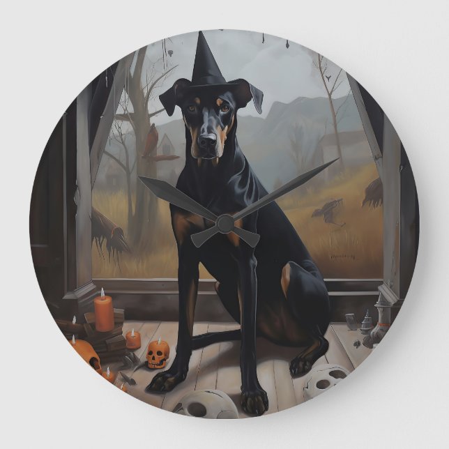 Doberman Pumpkins Halloween Scary Large Clock (Front)