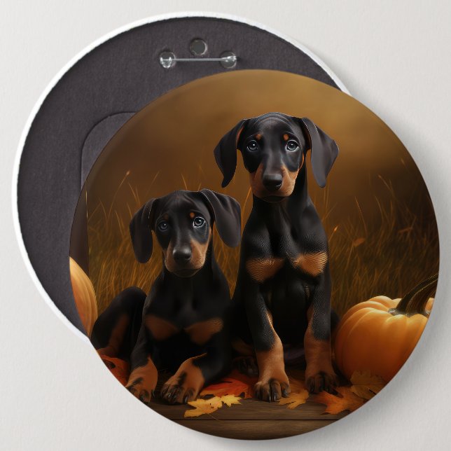 Doberman Puppy Autumn Delight Pumpkin  6 Cm Round Badge (Front & Back)
