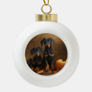 Doberman Puppy Autumn Delight Pumpkin  Ceramic Ball Christmas Ornament