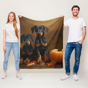 Doberman Puppy Autumn Delight Pumpkin Fleece Blanket