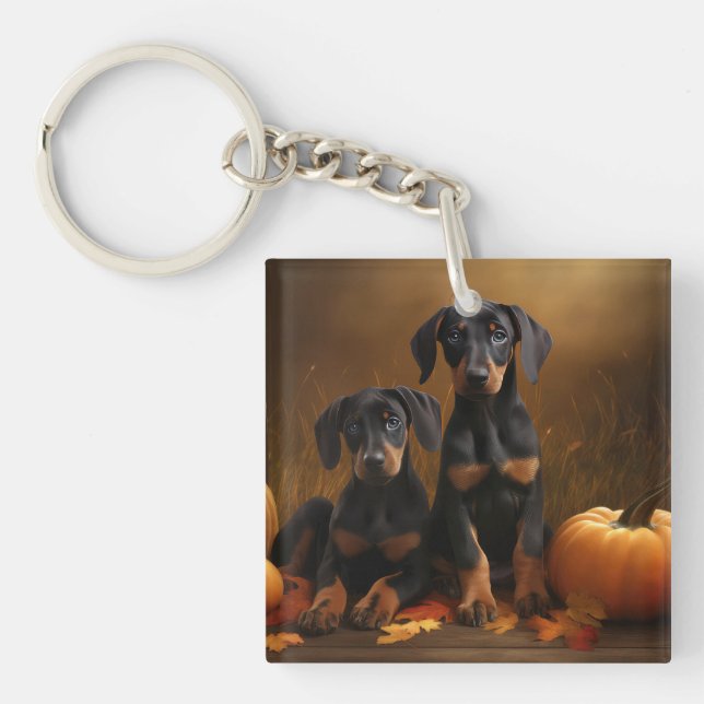 Doberman Puppy Autumn Delight Pumpkin  Key Ring (Front)