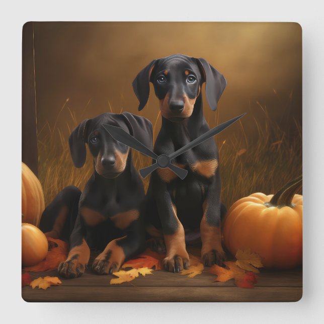 Doberman Puppy Autumn Delight Pumpkin  Square Wall Clock (Front)