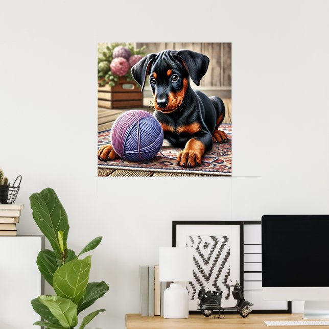 Doberman  Puppy with Yarn Ball on a Colourful Rug Poster (Home Office)