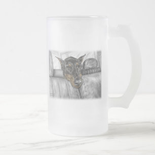 Doberman Riding in Car Frosted Glass Beer Mug