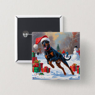 Doberman Running in Snow with Christmas Hat 15 Cm Square Badge