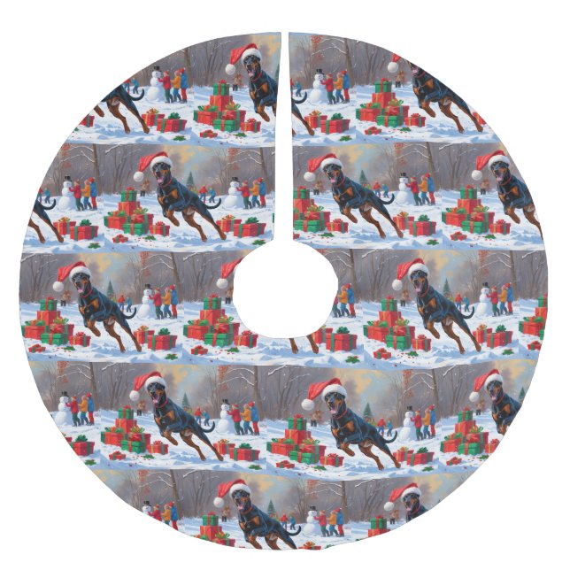 Doberman Running in Snow with Christmas Hat Brushed Polyester Tree Skirt (Front)