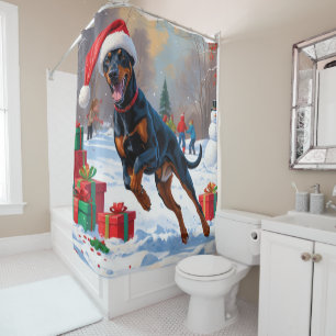 Doberman Running in Snow with Christmas Hat Shower Curtain