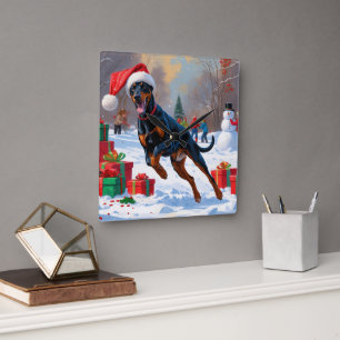 Doberman Running in Snow with Christmas Hat Square Wall Clock