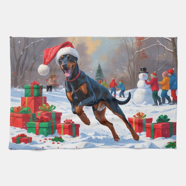 Doberman Running in Snow with Christmas Hat Tea Towel (Horizontal)
