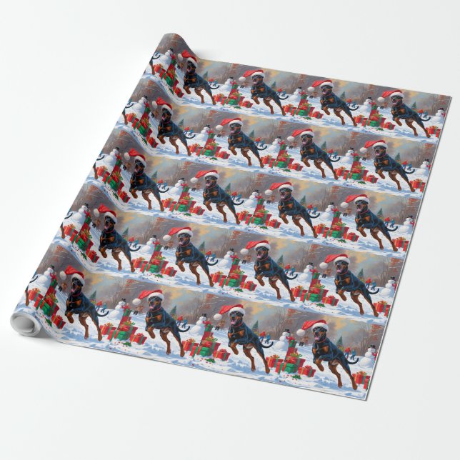 Doberman Running in Snow with Christmas Hat Wrapping Paper (Unrolled)