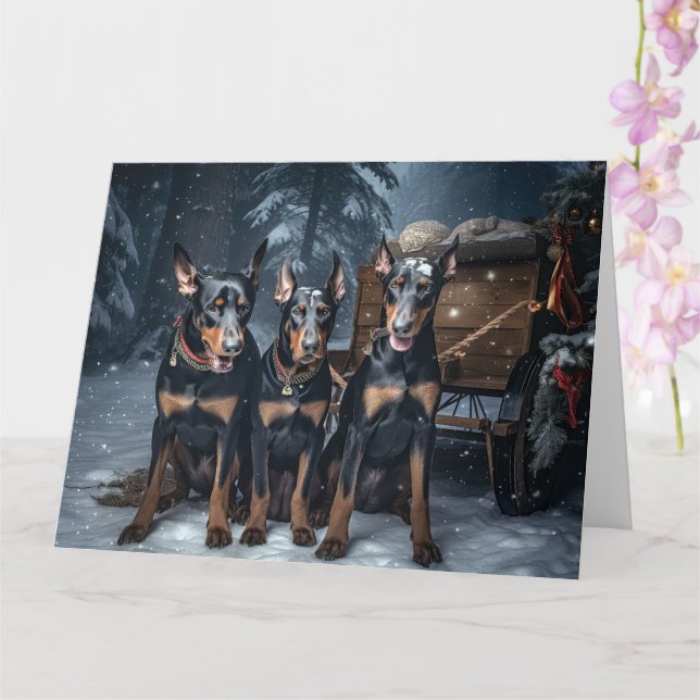 Doberman Snowy Sleigh Christmas Decor  Card (Orchid)