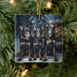 Doberman Snowy Sleigh Christmas Decor Ceramic Ornament