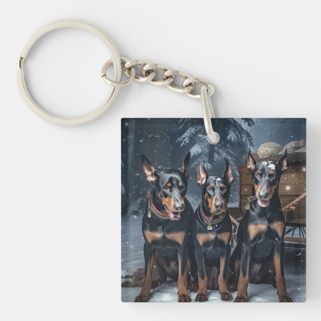 Doberman Snowy Sleigh Christmas Decor  Key Ring (Front)
