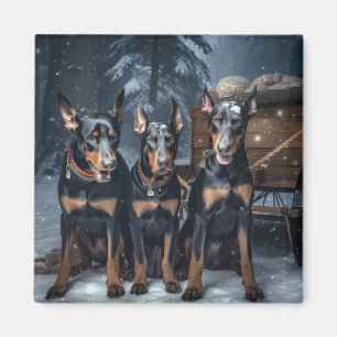 Doberman Snowy Sleigh Christmas Decor Magnet