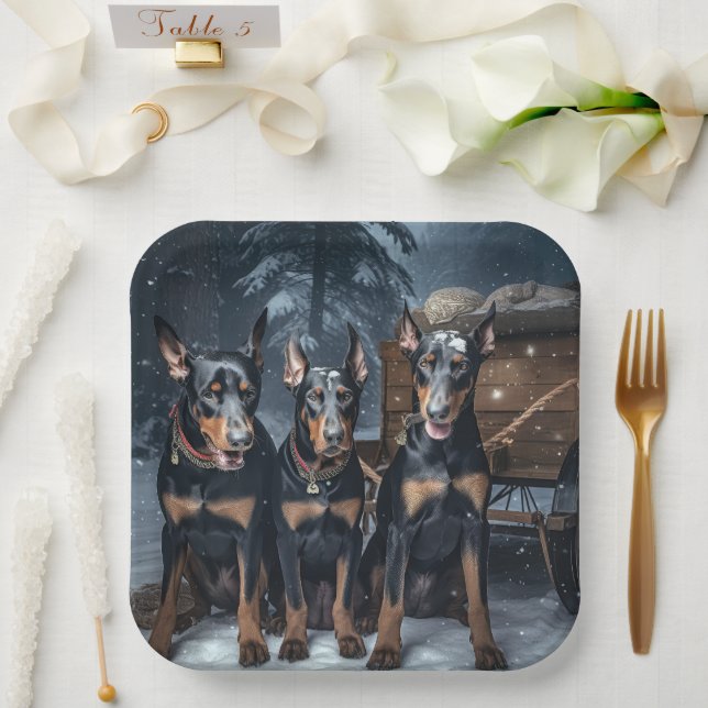 Doberman Snowy Sleigh Christmas Decor  Paper Plate (Wedding)