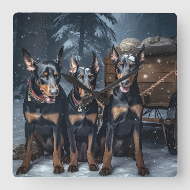 Doberman Snowy Sleigh Christmas Decor  Square Wall Clock (Front)