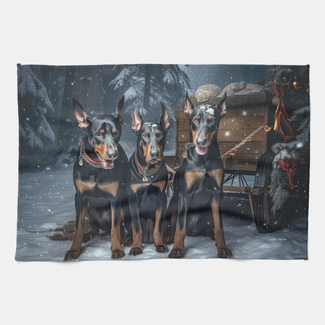 Doberman Snowy Sleigh Christmas Decor  Tea Towel (Horizontal)